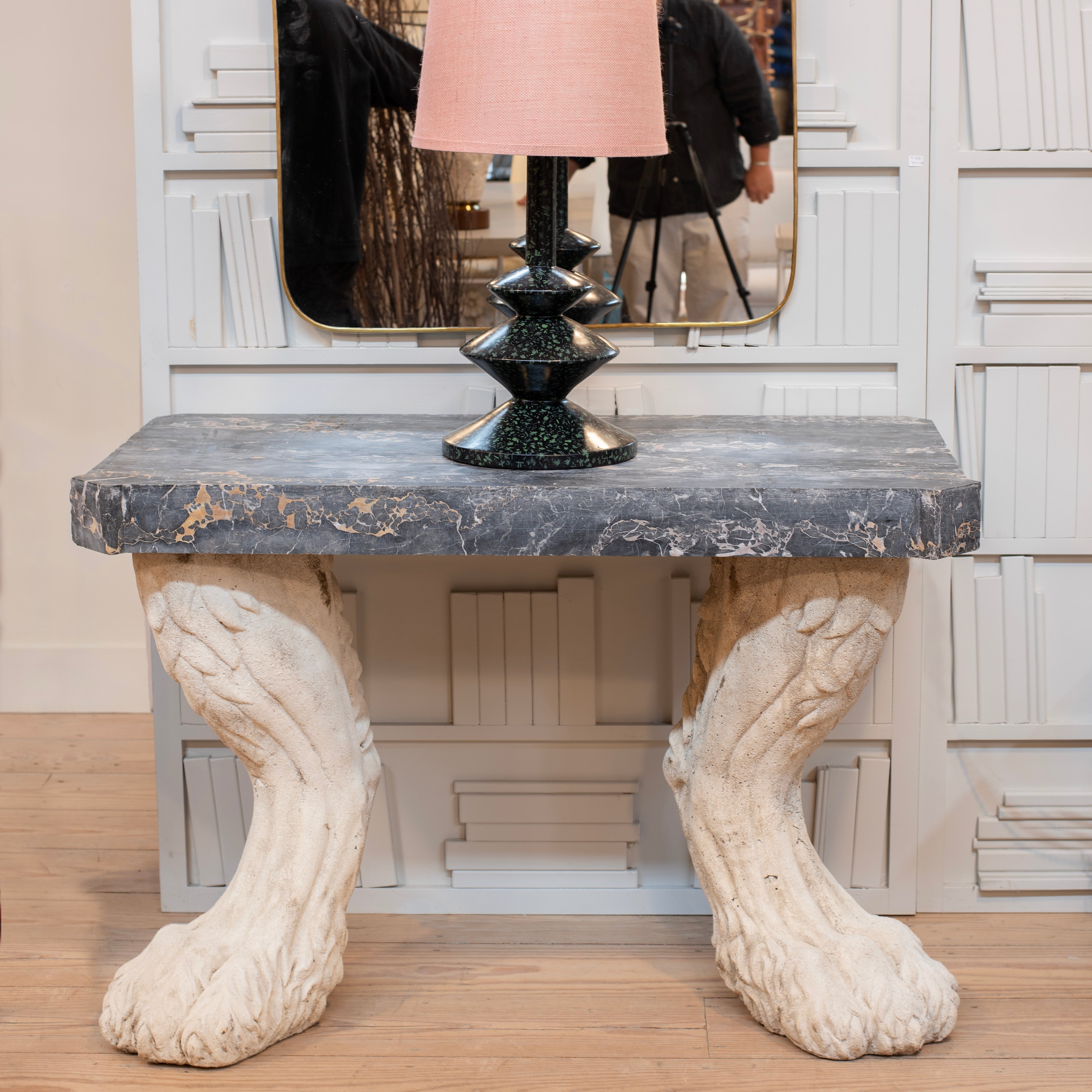 Pair of Monumental Console Tables with Weathered Portoro Marble Tops and Cast Stone Lion s Paw Feet
