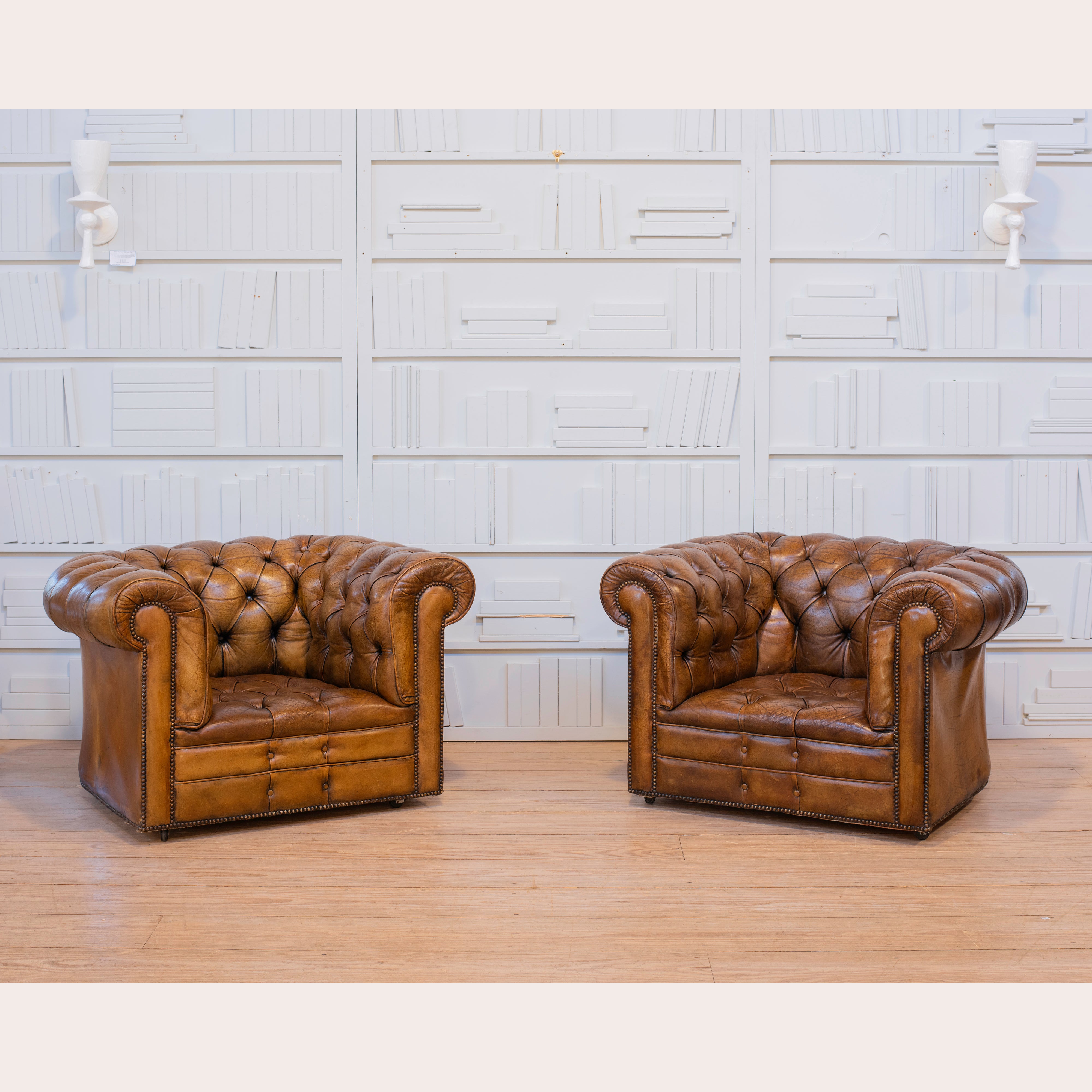 Pair of Vintage English Chesterfield Tufted Leather Club Chairs