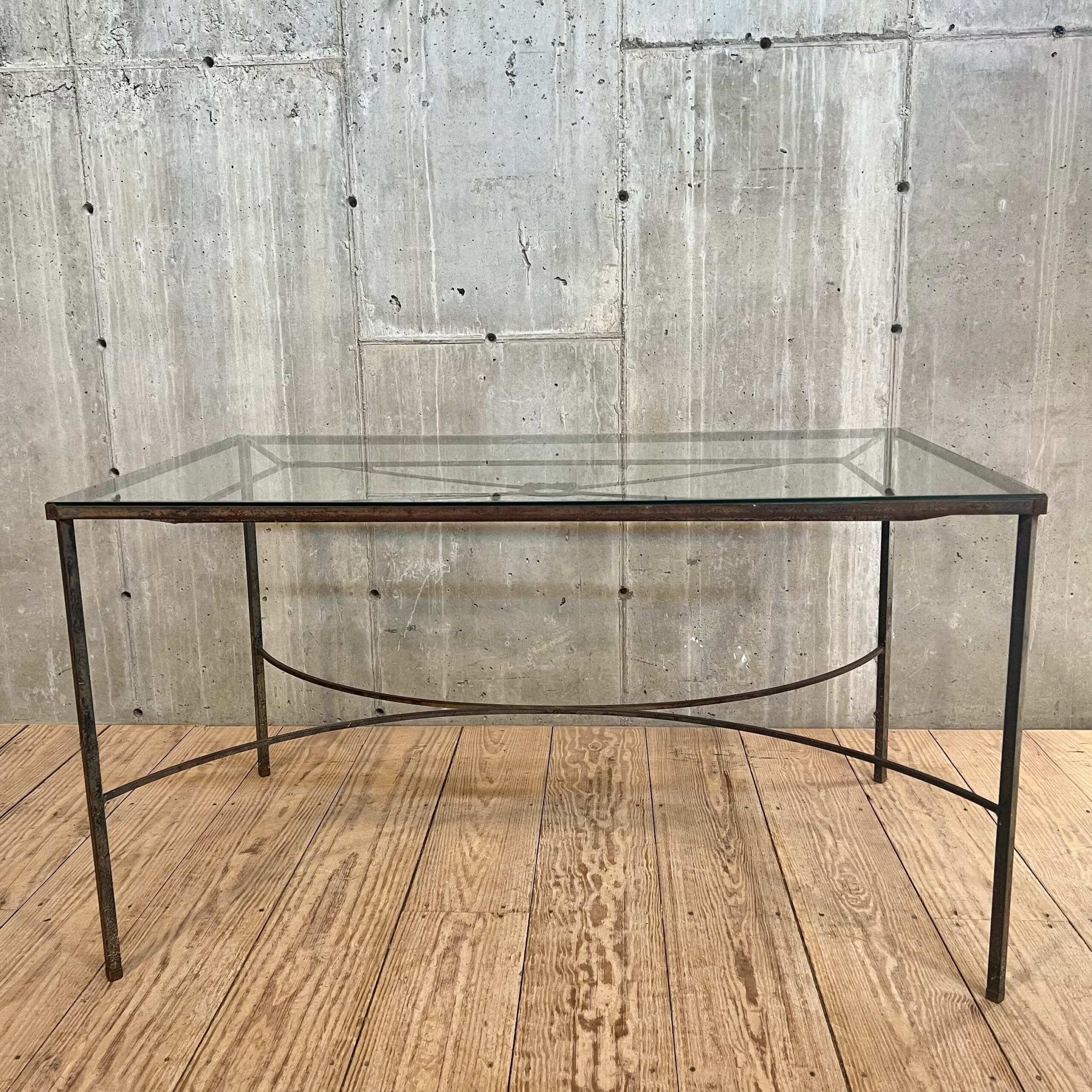 Vintage Rectangular Iron Dining Table with New Tempered Glass Top
