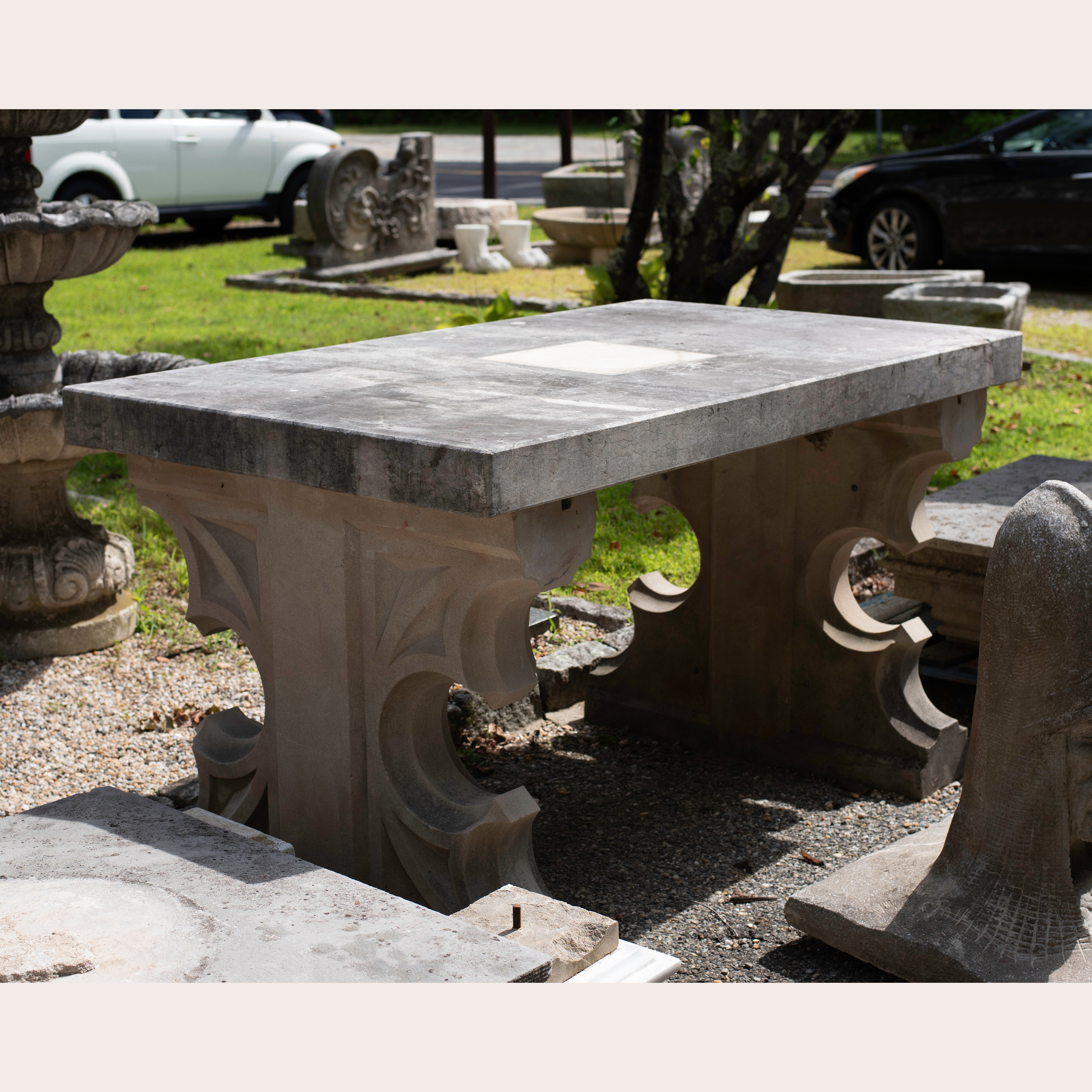 Monumental Antique Gothic Carved Limestone Table Base with Thick Marbl ...