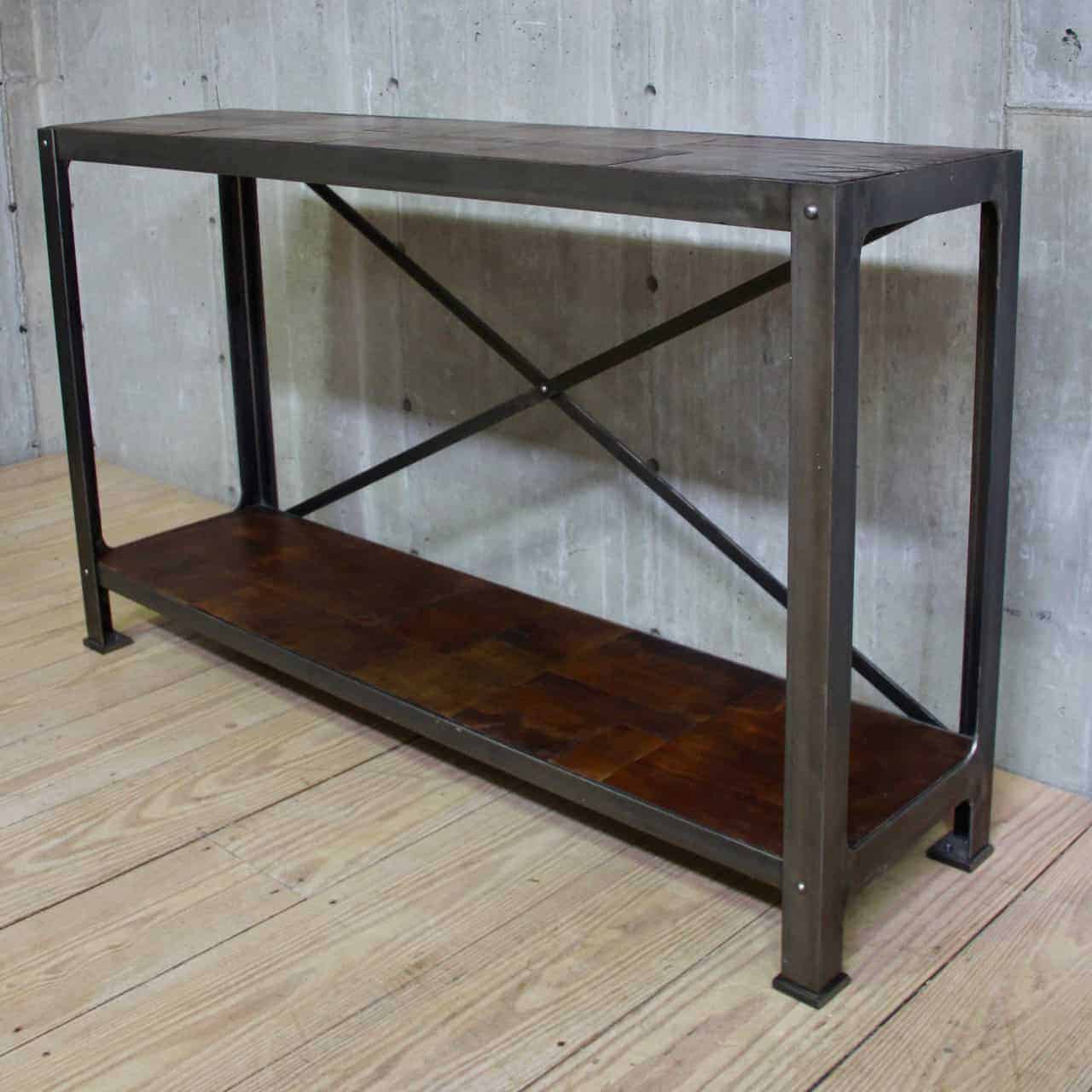 In Stock Industrial Two-Tiered Console in Steel with Vintage Leather I ...